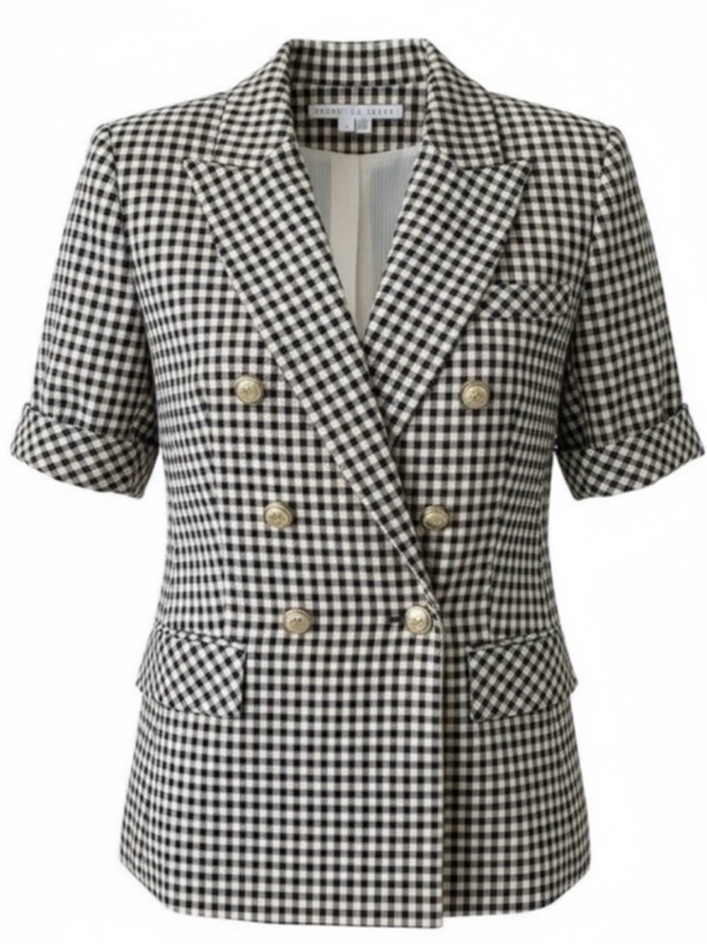 Veronica Beard Gingham Double-Breasted Short Sleeve Blazer, 2